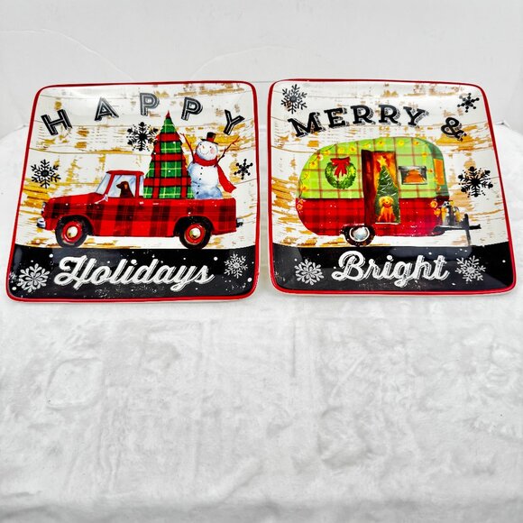 2 Geoffrey Allen 2014 Sleigh Bell 8.5" Square Plates by Certified Internat READ - Picture 1 of 13